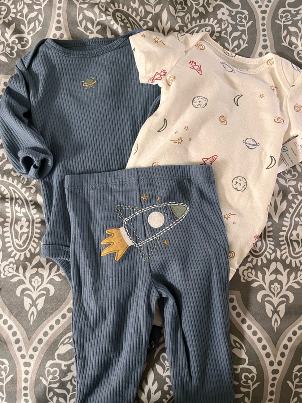 Space Rocket Baby Bodysuit & Pant Set - Blue & Cream